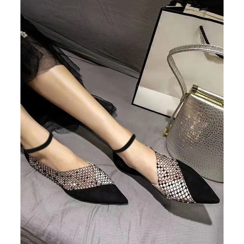 Toe Shoes Splicing Suede Flat Black Pointed Zircon Feet