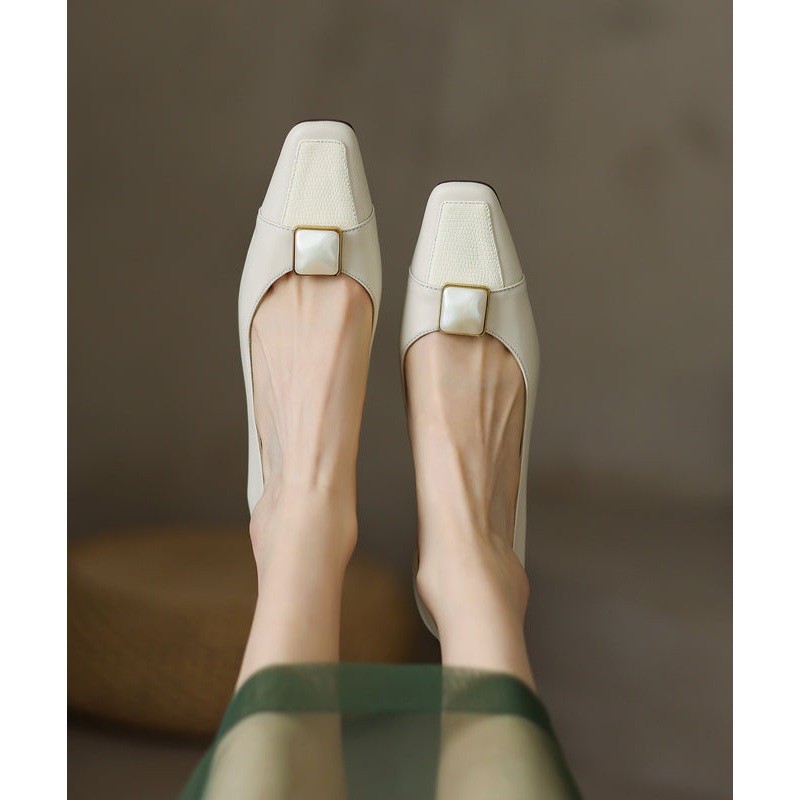 Toe Square Splicing Heels Classy Leather Beige High Cowhide