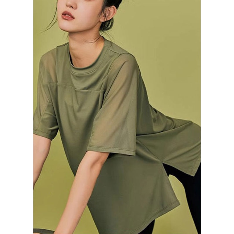 Tops Side Open Green Army Patchwork Summer Yoga