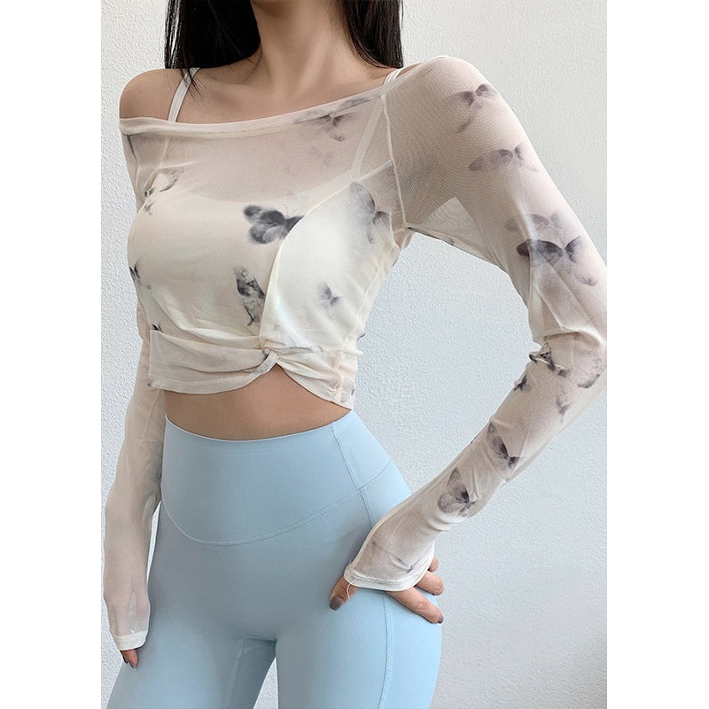 Tops Wrinkled Fitting Print Luxury Tulle Workout White