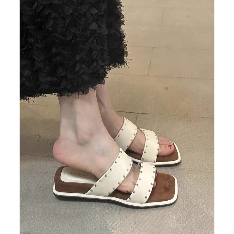 Wedge Sandals Peep Rivet Splicing Slide Beige Toe
