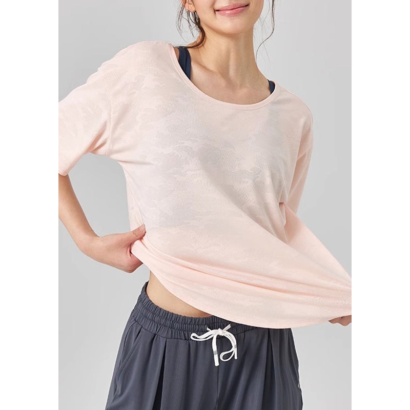Yoga Sleeve Top Simple Short Pink O-Neck