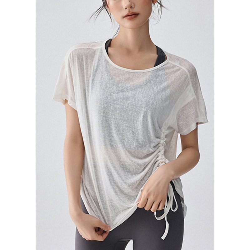 Yoga Top White Drawstring Women Short Solid Sleeve