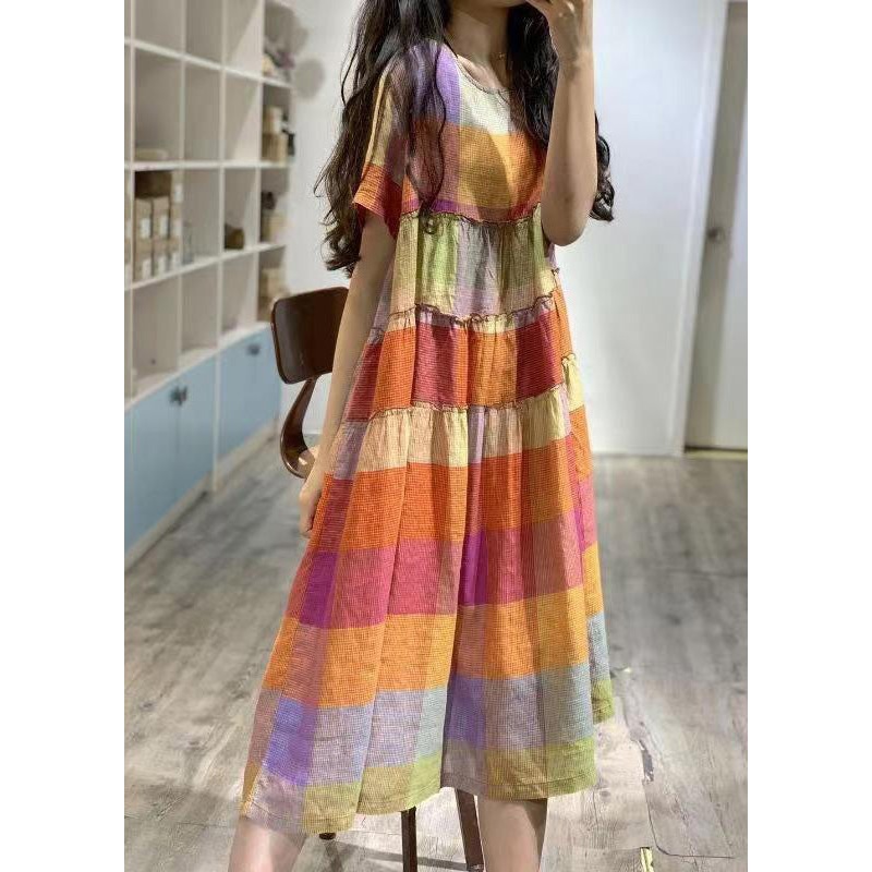 Art Plaid Rainbow Linen Dress Summer Ruffled