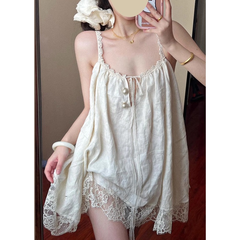 Beige Mini Size Plus Summer Patchwork Dress Lace Oversized