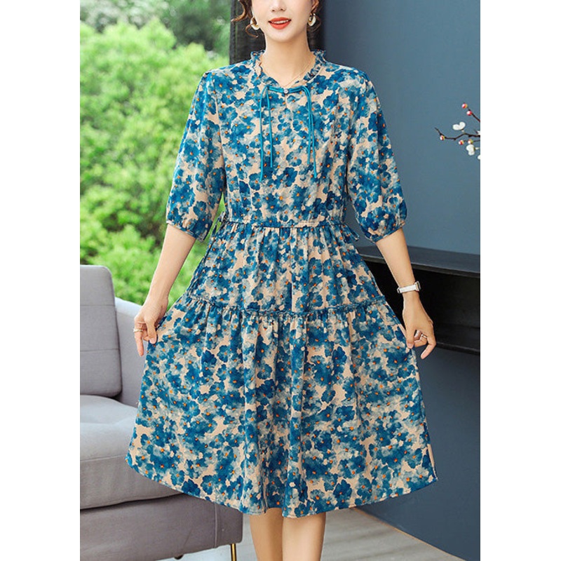 Blue Print Dresses Tunic Ruffled Summer Elegant
