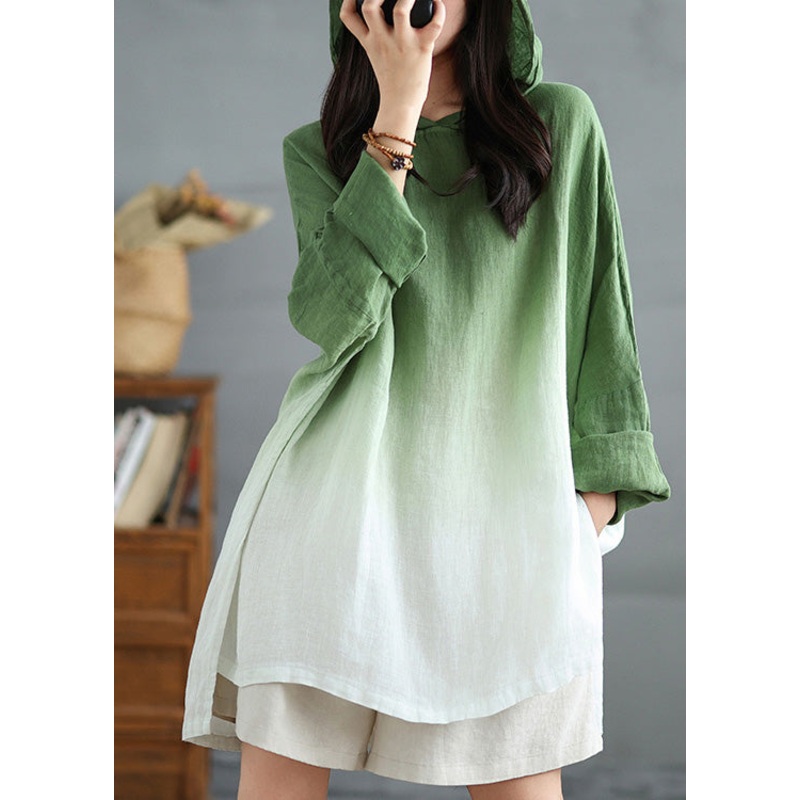 Bohemian Green Loose Sweatshirts Gradient Spring Hooded Linen