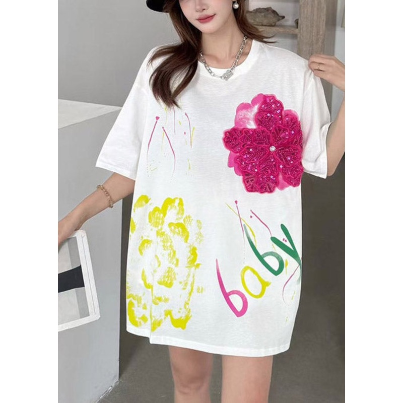 Cotton Decorated Tank White Oversized Tops Floral Summer DIY