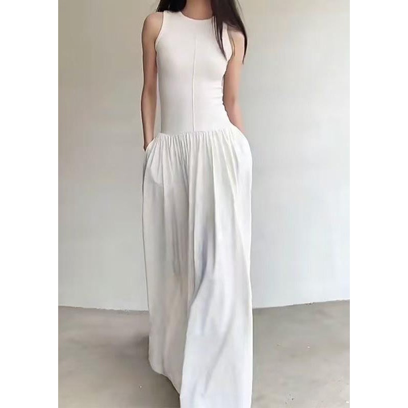 Cotton Sleeveless Exra Fit White Long Dress Silm Large Hem