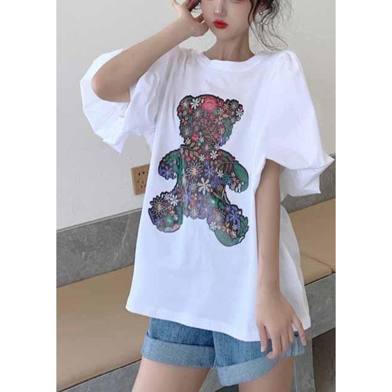 Cotton Tops Tank Bear Women Print Sleeve Puff White