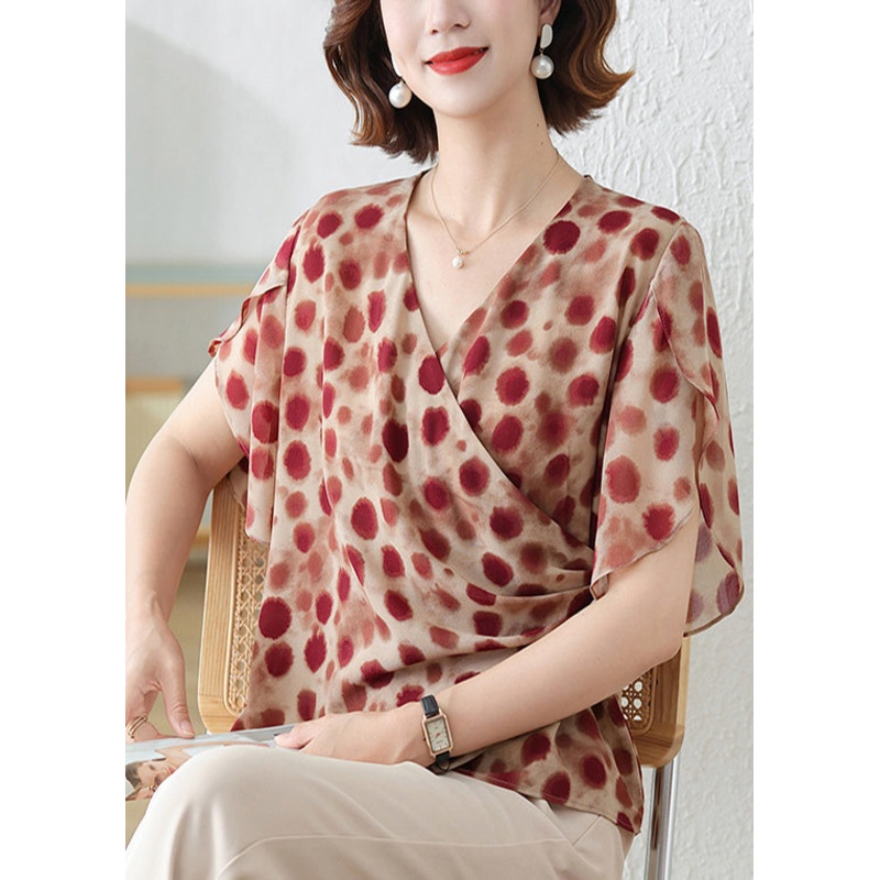 DIY Chiffon Shirts Summer Asymmetrical Print Red Brick
