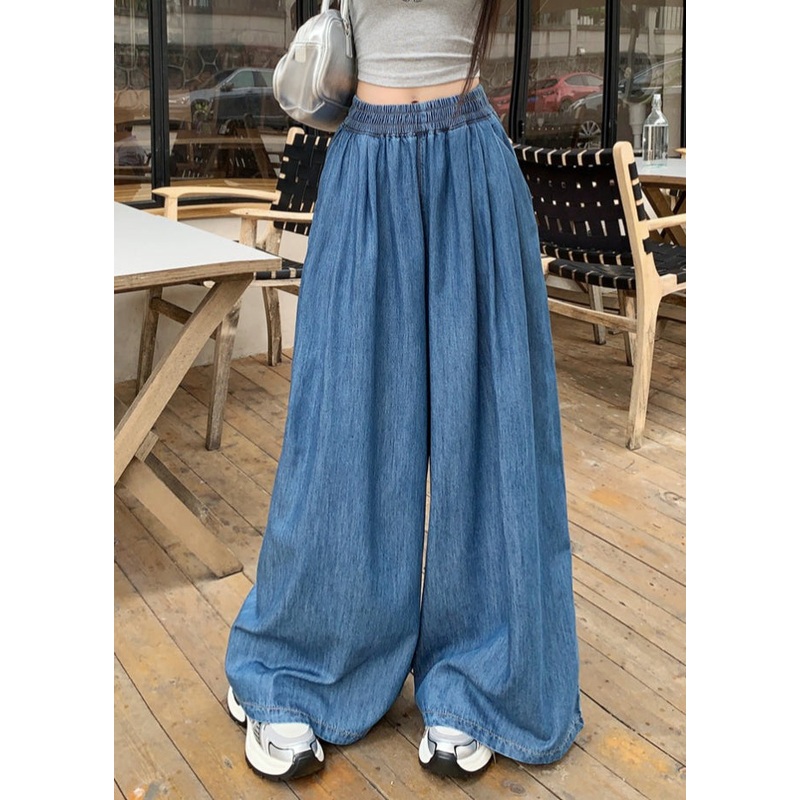 Elastic Fashion Denim Summer Waist Pants Leg Wide Navy