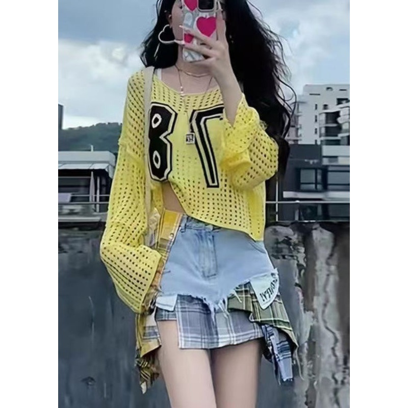 Embroidered Classy Knit Summer Out Hollow Yellow Tops