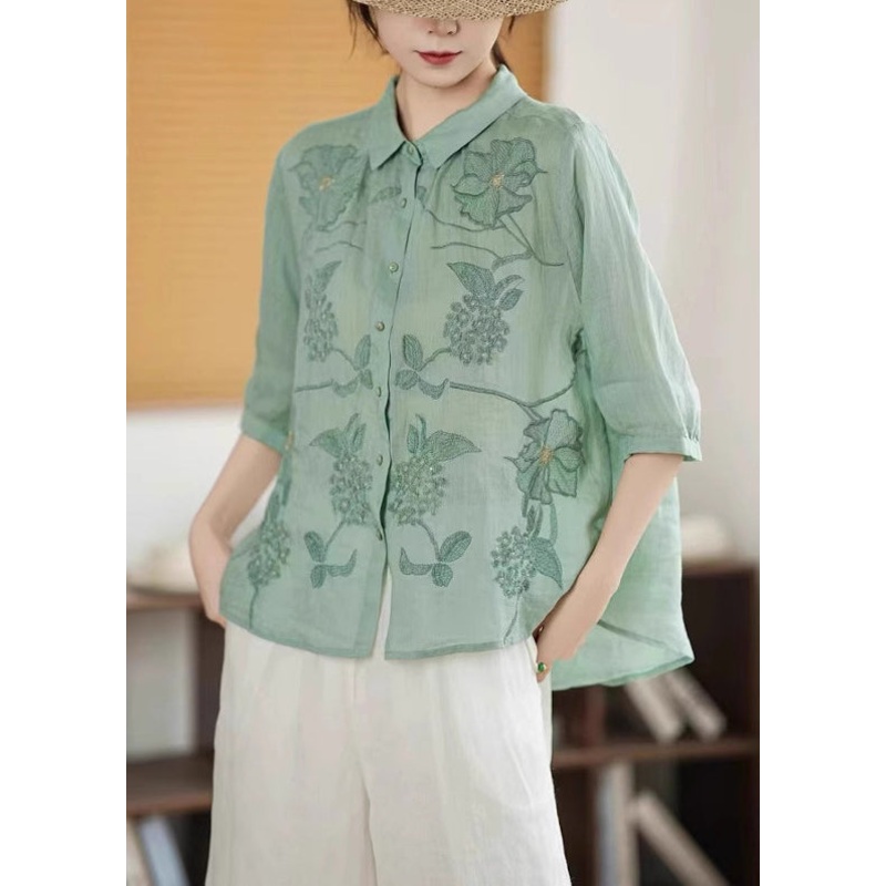 Half Green Sleeve Linen Handmade Embroidered Shirt Button