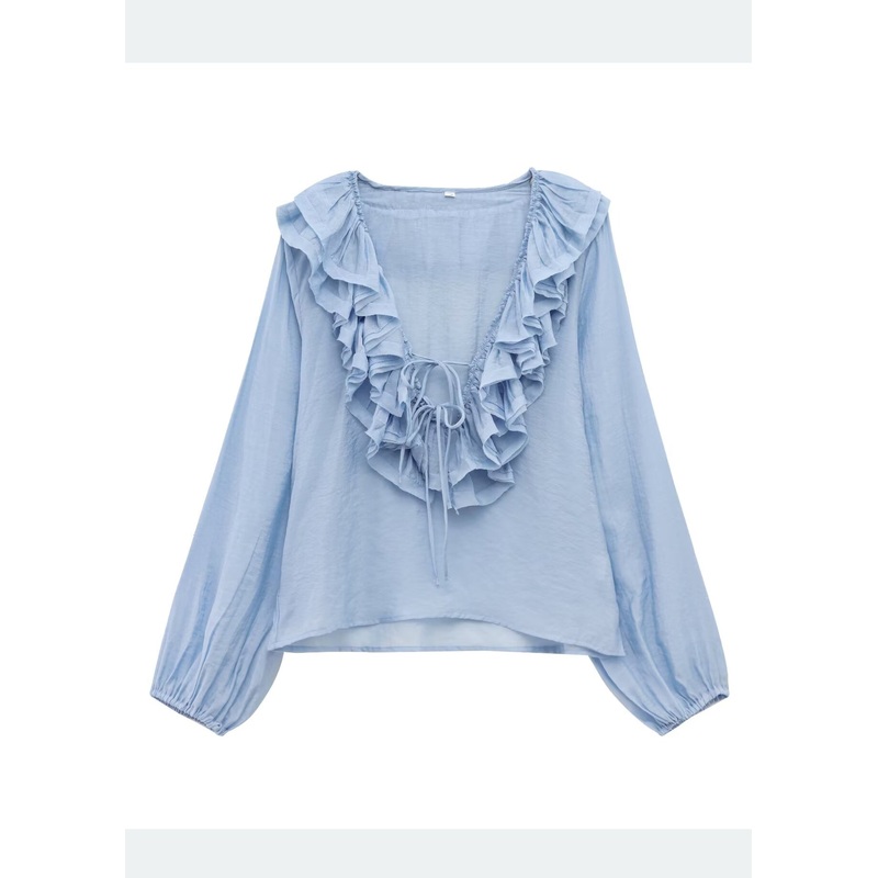 Sky Summer Cotton Blue Ruffled Tops Bohemian Shirt