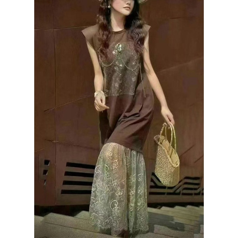 Straight Brown Dresses Patchwork Backless Lace Sleeveless Women
