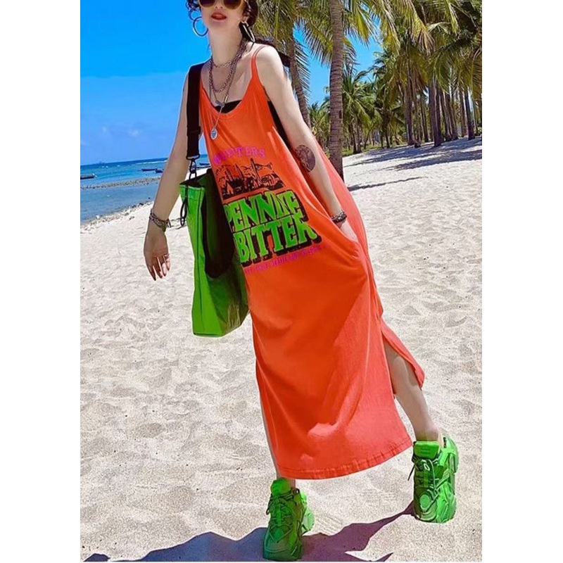 Summer Cotton Orange Print Sundresses Oversized Vacation Women