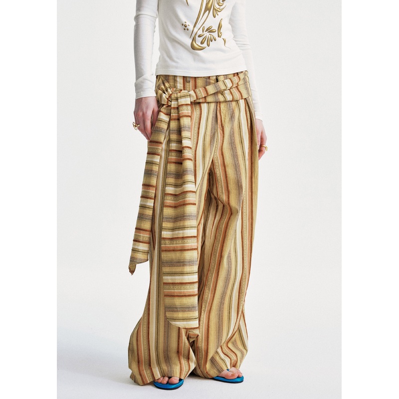 Summer Leg Wide Chic Striped Cotton Pants Yellow