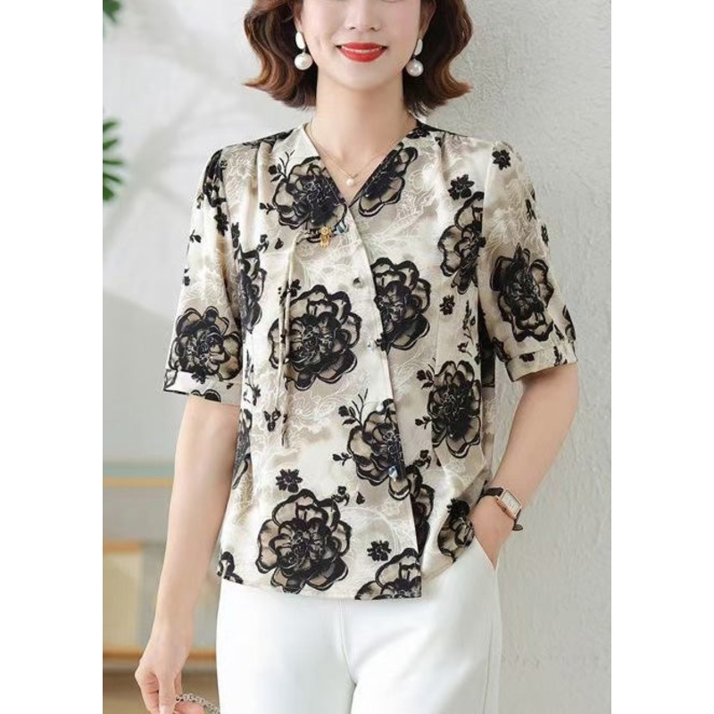 Tasseled Print Black Silk Summer Elegant Shirts
