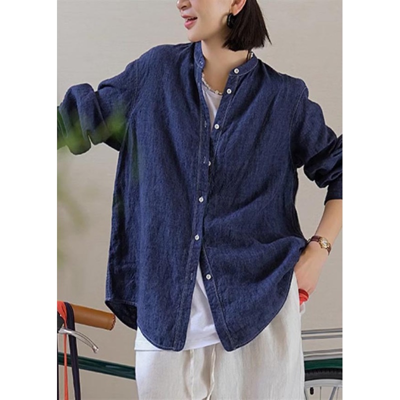 Top Linen Shirt Fall Casual Navy Oversized