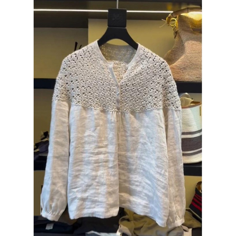 Tops White Handmade Hollow Summer Oversized Patchwork Out Linen