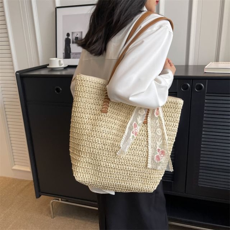 Tote Bag Straw Scarf + Set:|Khaki|White|One Size