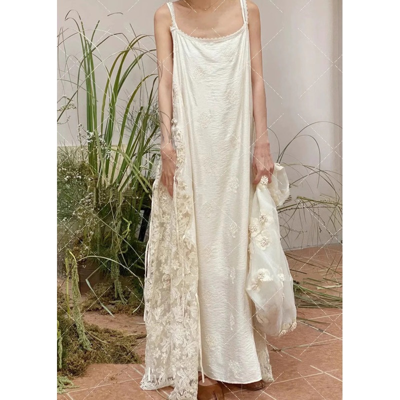 White Patchwork Lace Stylish Spaghetti Dress Strap Oversized