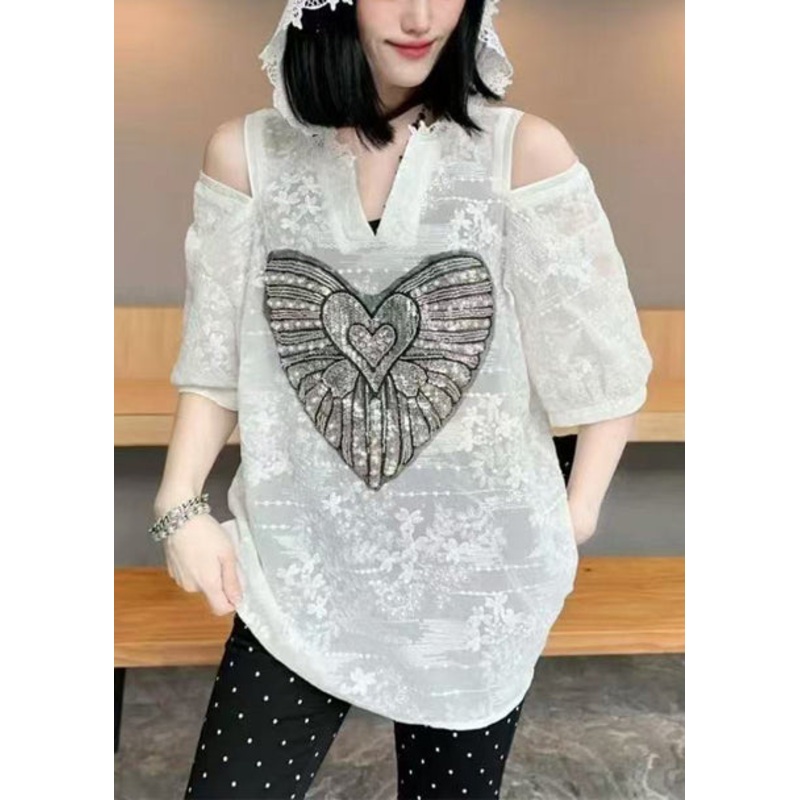 White Shoulder Cold Cotton Women Jacquard Tops Hoodie Summer
