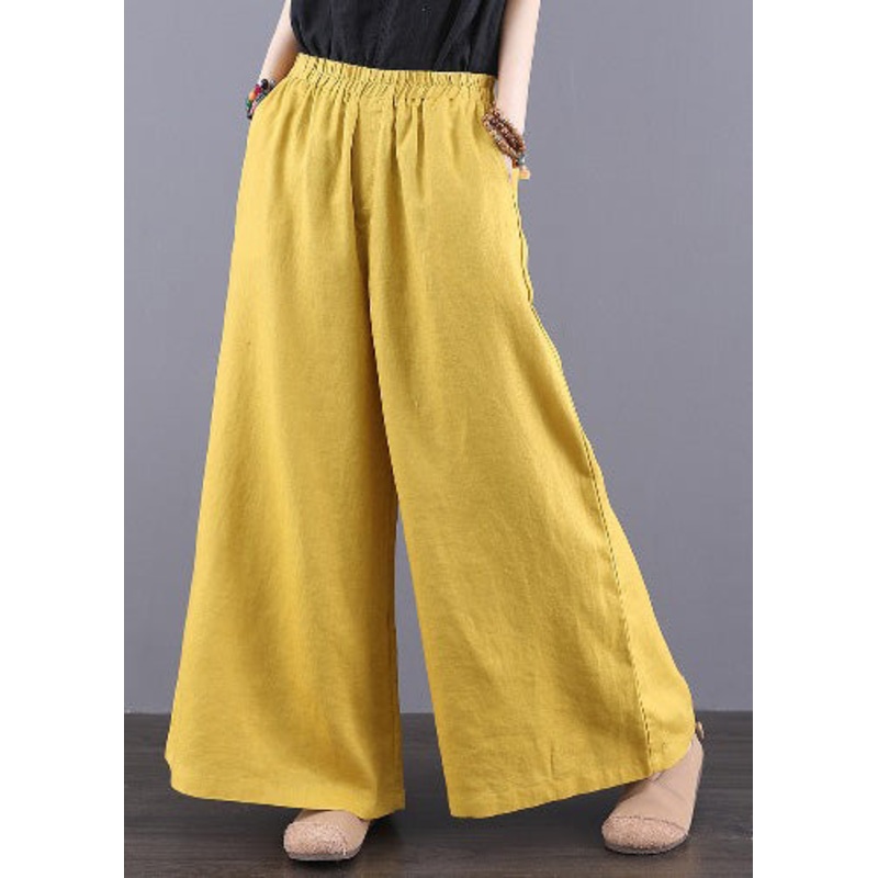 Yellow Waist Linen Elastic Pants Summer Bohemian Pockets