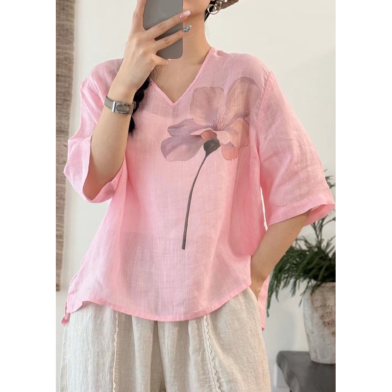 Art Print Sleeve V Linen T Open Pink Neck Shirt Half Side