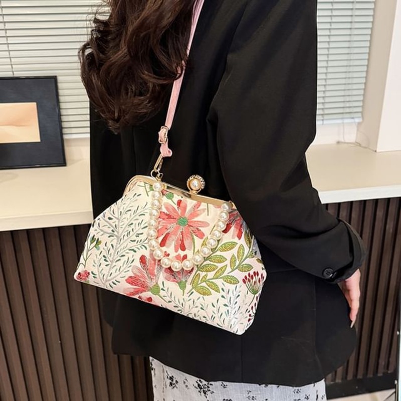 Bag Pearl Floral Crossbody Strap Faux Jacquard