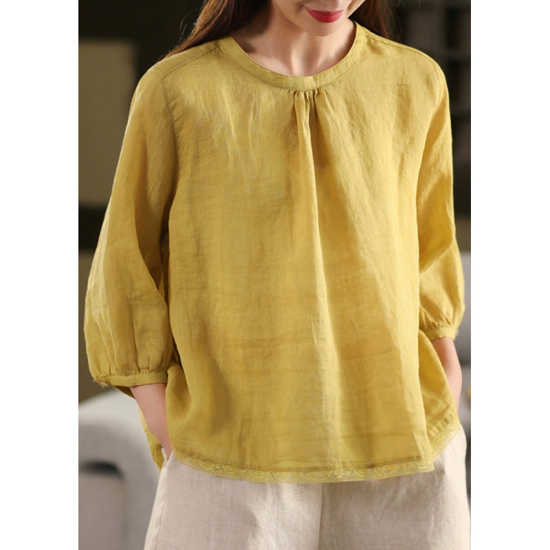 Blouse Summer Neck Patchwork Top O Casual Yellow Linen