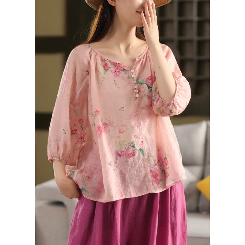 Blouse Summer Pink Print Button Neck Linen Top V