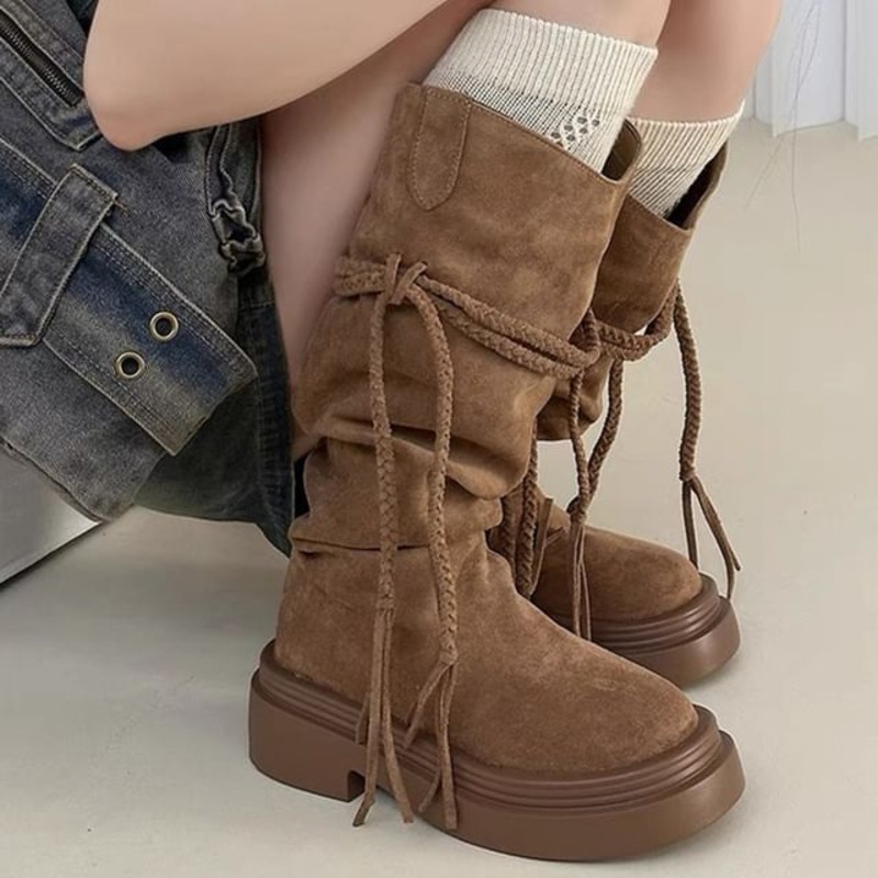 Boots Mid Plain Calf Platform|Black|Khaki|35|36|37|38|39|40
