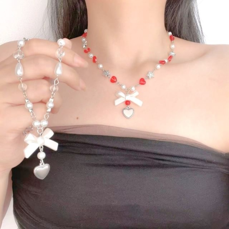 Bow Faux Pearl Heart Necklace|Red|White|One Size