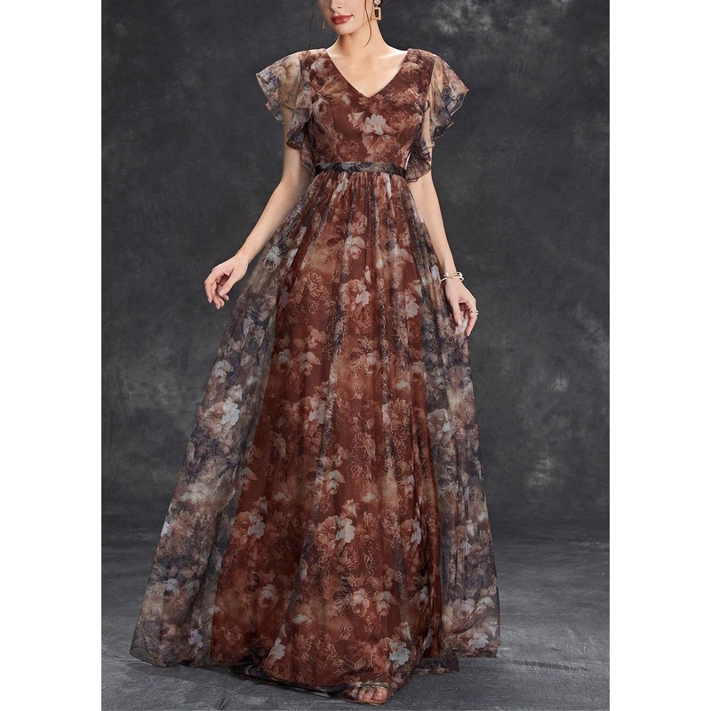 Brown Short V Dress Neck Sleeve Tulle Long Print