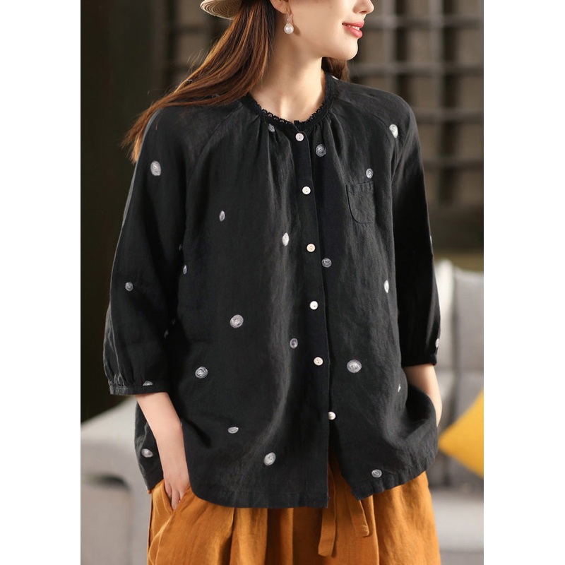 Button Blouse Vintage Black Summer Top Linen Embroidered