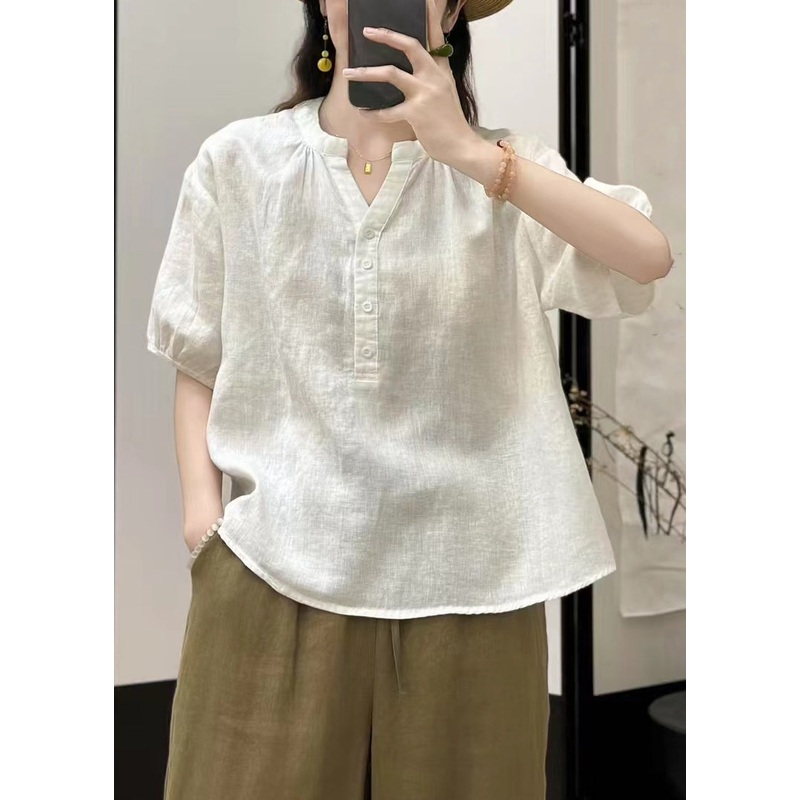 Button Summer Solid White Linen V Shirts Neck