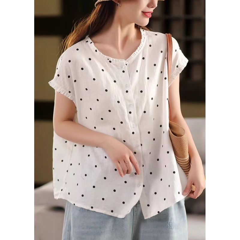 Button White Summer Linen Print Shirt Ruffled