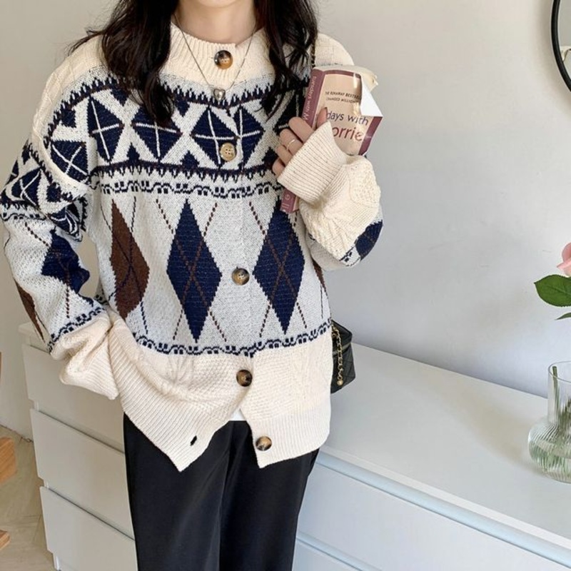 Cardigan Pattern Loose-Fit|Almond|Navy Blue|One Size