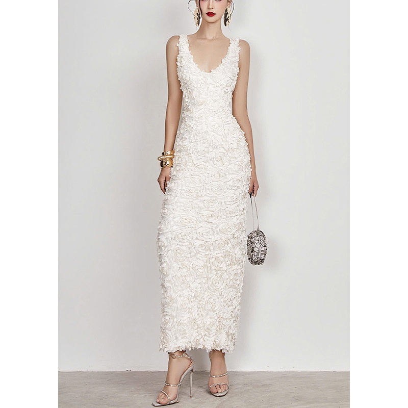 Cotton Neck White Side V Open Sleeveless Long Dress Handmade