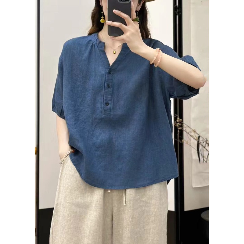 Fine Blue Summer Solid Neck V Button Top Linen