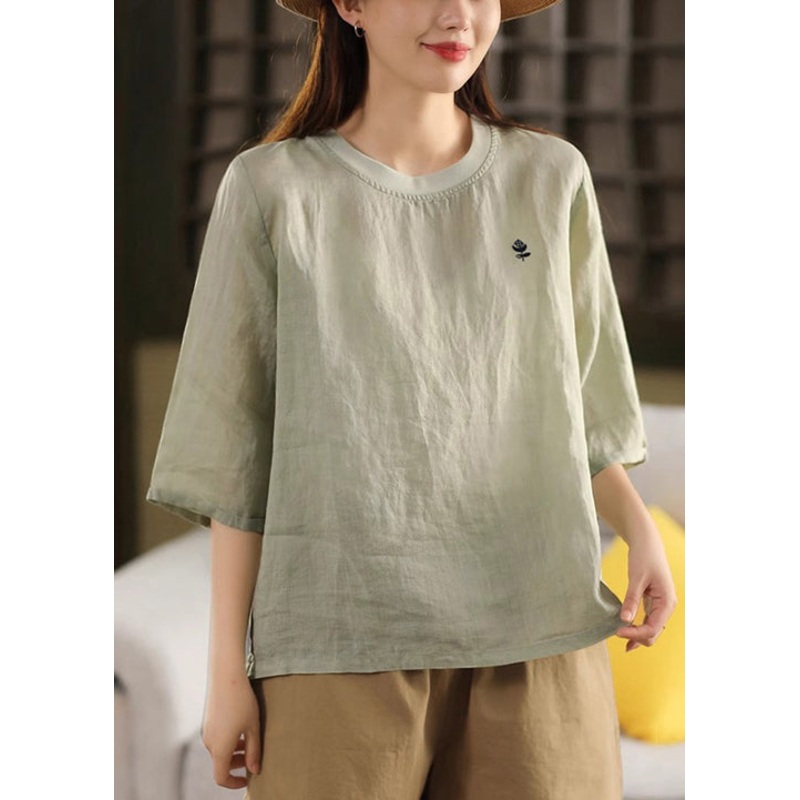 Half Neck Cozy Shirt Print O Linen Green Sleeve T