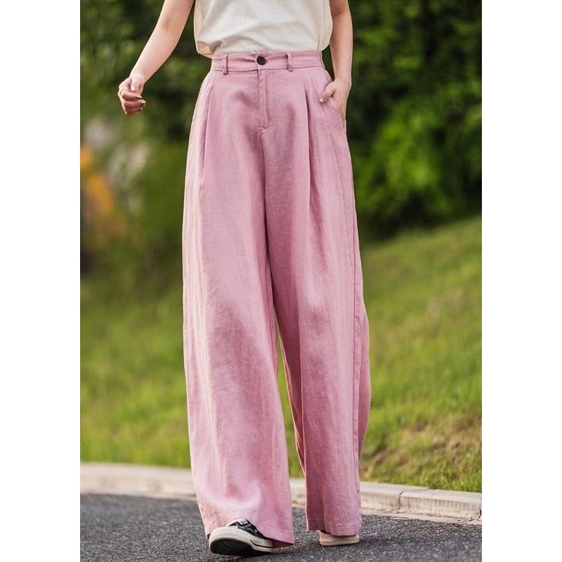 High Simple Straight Linen Summer Pockets Pink Waist Pants