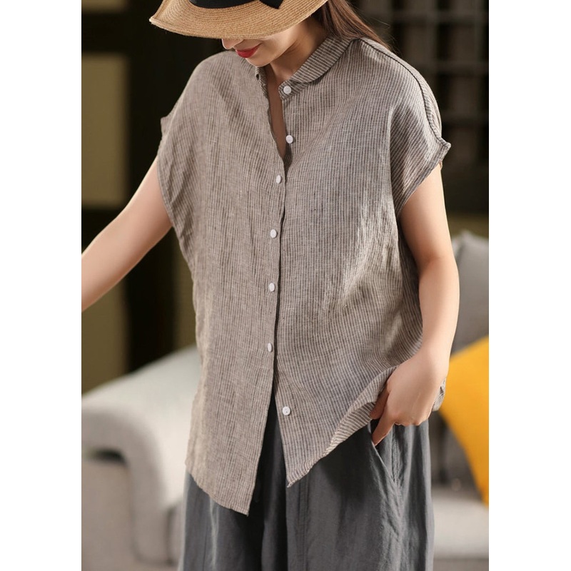 Linen Blouse Striped Summer Coffee Collar Pan Button Peter