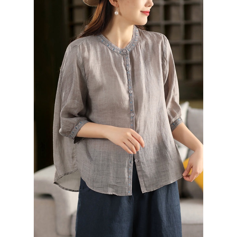 Linen Half Grey Button Classy Sleeve Embroidered Blouses