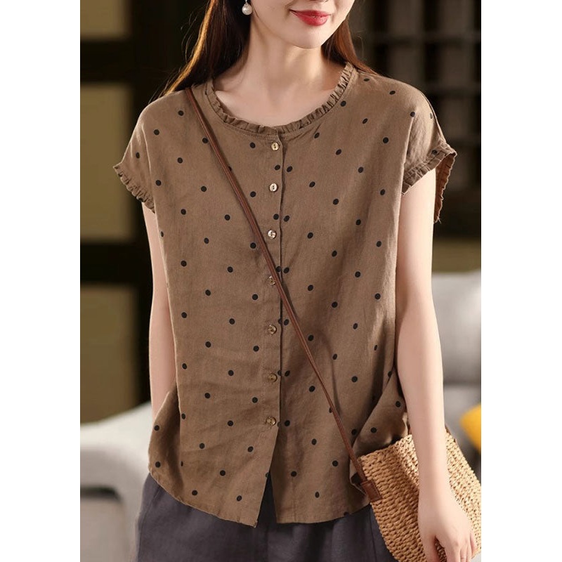 Linen Summer Coffee Vintage Shirt Ruffled Dot