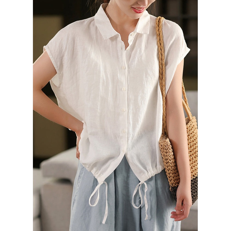 Linen Up Summer Women White Lace Blouse Pan Peter Collar