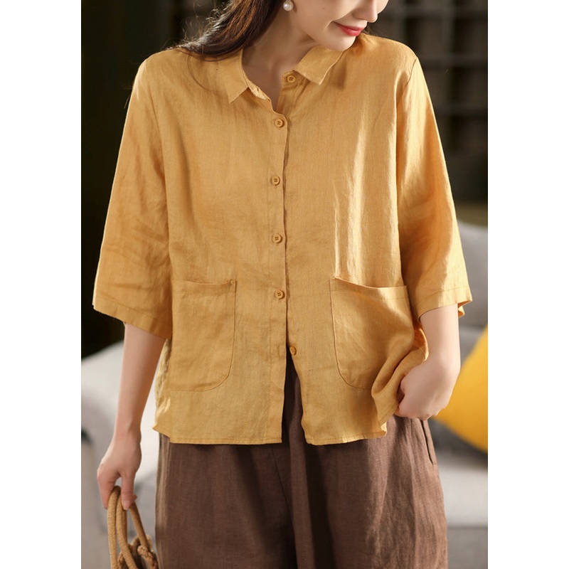 Linen Yellow Pockets Bracelet Peter Blouse Sleeve Pan Art Collar