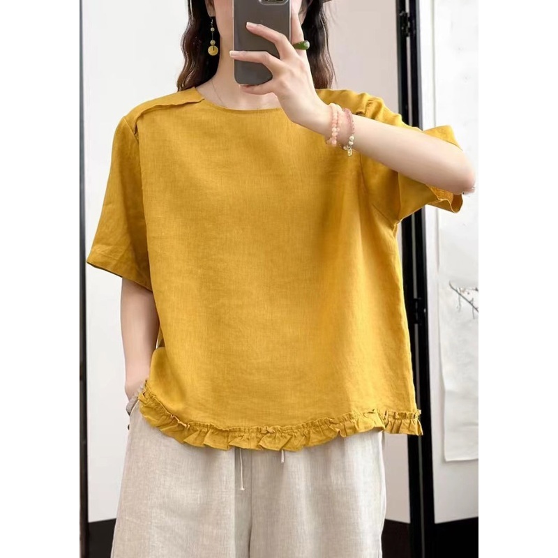 Loose Blouses Summer Ruffled Button Yellow Linen